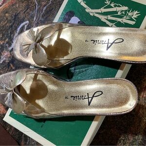 Annie Gold Women's Mules with Bow Accent, and Decorative Heel.